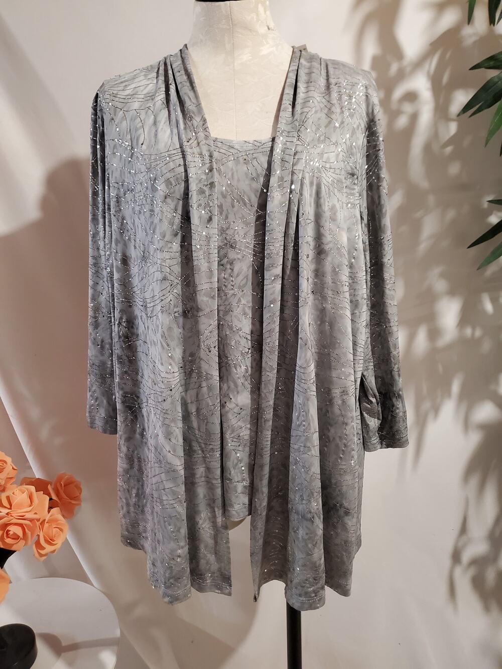 JM Collection NWT Shine Story Silver Sequin Glitter Twofer 3/4 Sleeve Top 2X